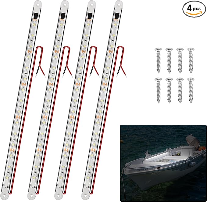 LED Boat Interior Lights, Boat Led Strip Lights Marine Waterproof Marine Lighting Strip Night Fishing Lighting for Pontoon, Dinghy, Kayak, Yacht,4 Pcs, White