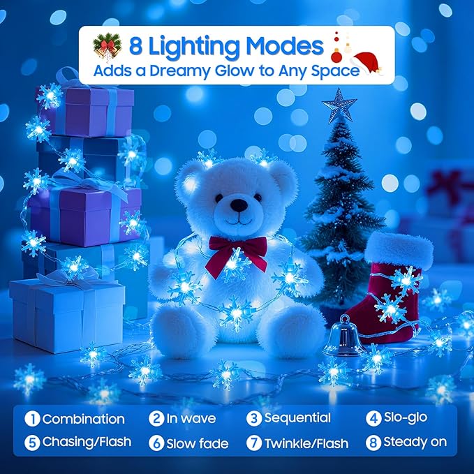 Blue Christmas Lights, Snowflake String Lights, 20FT 40 LED Mini Twinkle Lights Indoor, Rechargeable Fairy Lights Battery Operated with 8 Modes & Timer for Bedroom Party Home Xmas Tree Decorations