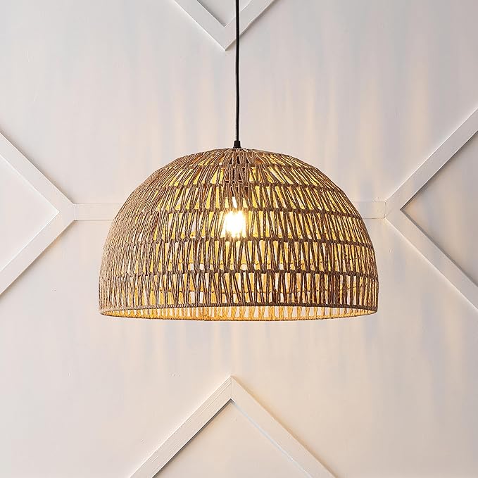 JONATHAN Y 20" Brown Modern Bohemian Woven Rope LED Pendant Light Fixture, Adjustable Dome Ceiling Lamp for Kitchen Island, Rope Shade, Coastal Farmhouse Decor (JYL6504F)
