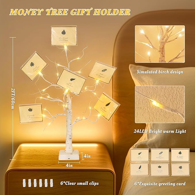 Woohaha 2FT Money Tree Gift Holder,24LED Lighted Birch Tree Table Centerpiece,Gift Card Tree Battery/USB Powered with 6 Clips and 6 Greeting Cards for Easter Decor,Party,Wedding,Birthday,Graduation