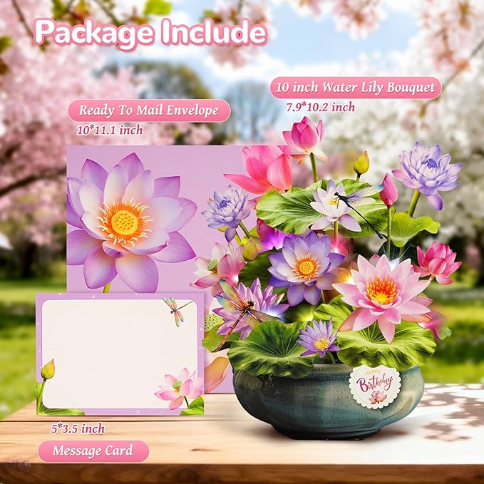 Birthday Cards with MUSIC & LIGHTS, Pop Up Happy Birthday Card, Water Lily & Dragonfly, 10 Inch Life Sized Forever Flower Bouquet Gifts for Women Mom Grandma