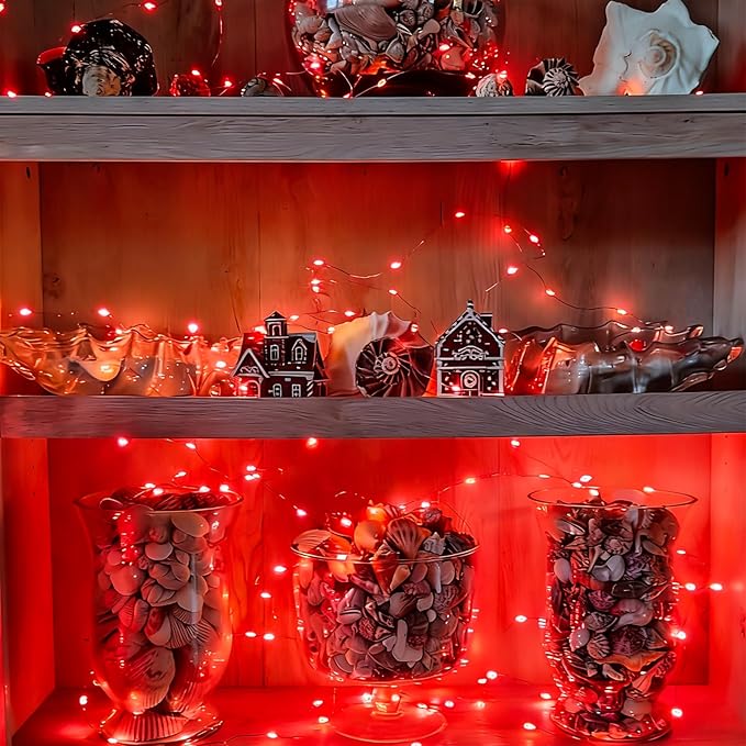 YEGUO 4 Pack Red Solar Fairy Lights, Each 33ft 100 LED Valentines Lights Outdoor Waterproof, 8 Modes Sliver Wire Solar Christmas String Lights