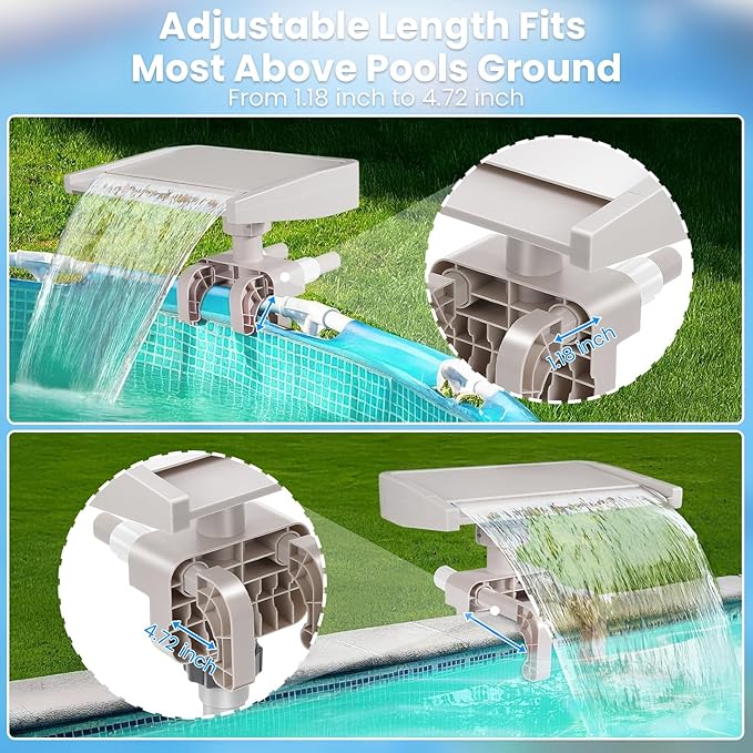 Pool Fountain Waterfall for Above Ground Pools, Smooth Flowing Pool Waterfall for Relaxation, Swimming Pool Frame Attachment Clamp Accessory, Adjustable Width Fits Various Frames (Beige)