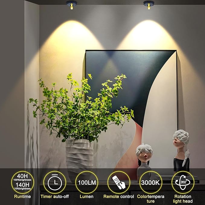 Rechargeable Wireless Battery Spotlight Indoor for Plant Trees at Home Remote Control with 3 Colors Lighitng Mini Dimmable Uplight Led Accent Wall Spot for Pictue Painting Light with Timer-off