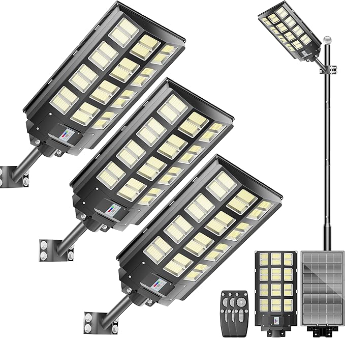 3-Pack 8000W Solar Street Light-240000LM IP67 Waterproof, Dusk to Dawn, Solar Street Lights Outdoor, with Motion Sensor Remote Control,Wide Angle Lamp for Parking lot Lights