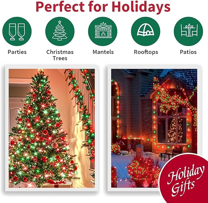 LAMPHOME Red and Green Christmas String Lights, 500 LED 99 FT Connectable Waterproof String Lights Green Wire with16 Modes, Xmas Vintage Decorations for Indoor Outdoor Party Yard Garden Decor