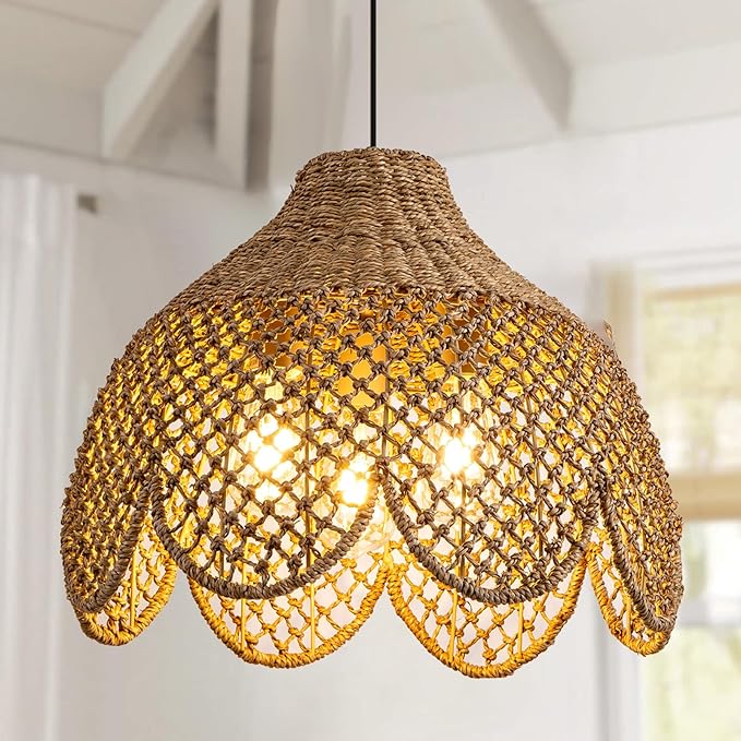 Rattan Pendant Light Fixtures,18.11" Boho Seagrass Pendant Light,3-Light Hand Woven Water Plants Rattan Chandelier for Dining Living Bedroom Kitchen Farmhouse