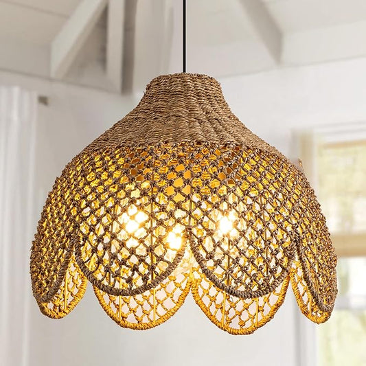 Rattan Pendant Light Fixtures,18.11" Boho Seagrass Pendant Light,3-Light Hand Woven Water Plants Rattan Chandelier for Dining Living Bedroom Kitchen Farmhouse