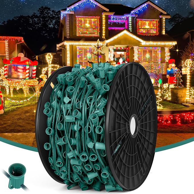 BesLowe Commercial 1000 FT C9 Cut to Length Christmas Lights Outdoor，E17 Sockets C9 Stringer Christmas Light Spool, C9 Sockets Patio String Light Strands, 12 Spacing Green Wire Christmas Lights