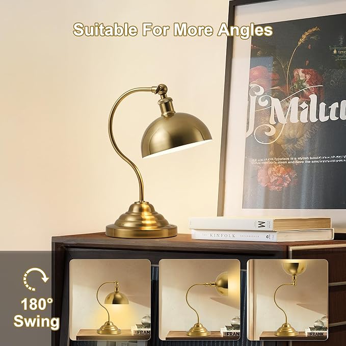Cordless LED Table Lamp, Battery Operated Desk Lamps with Swing Arm & Plastic Shade, Vintage Small Rechargeable Dimmable Light for Bedroom, Living Room, Nightstand, Brass
