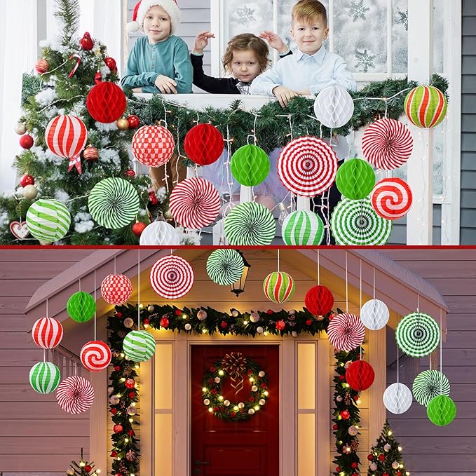 Retisee 18 Pcs Christmas Hanging Paper Lanterns Party Decorations Candy Canes Peppermint Paper Fans Xmas Hanging Honeycomb Ball Lanterns Ornaments for Christmas Winter Party Holiday Ceilings Decor
