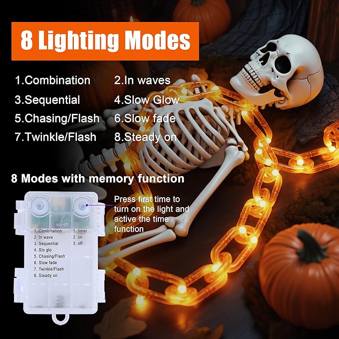 woohaha Halloween Decorations Plastic Chain Lights，10.5FT 175LED Orange Battery/USB Props Chains String Lights,8 Modes and Timer for Outdoor Halloween Party Creepy Cosplay Spooky Ornaments