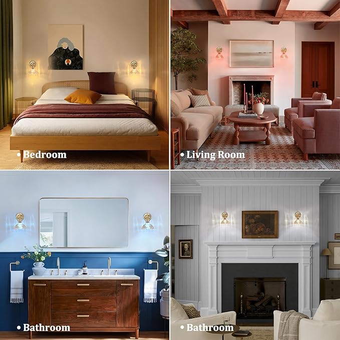 Battery Operated Wall Sconce Set of 2, Vintage Rechargeable Wall Lights with Amber Lily Glass Shade, Wireless Indoor Wall Lamp with Remote for Bedroom Living Room Bathroom