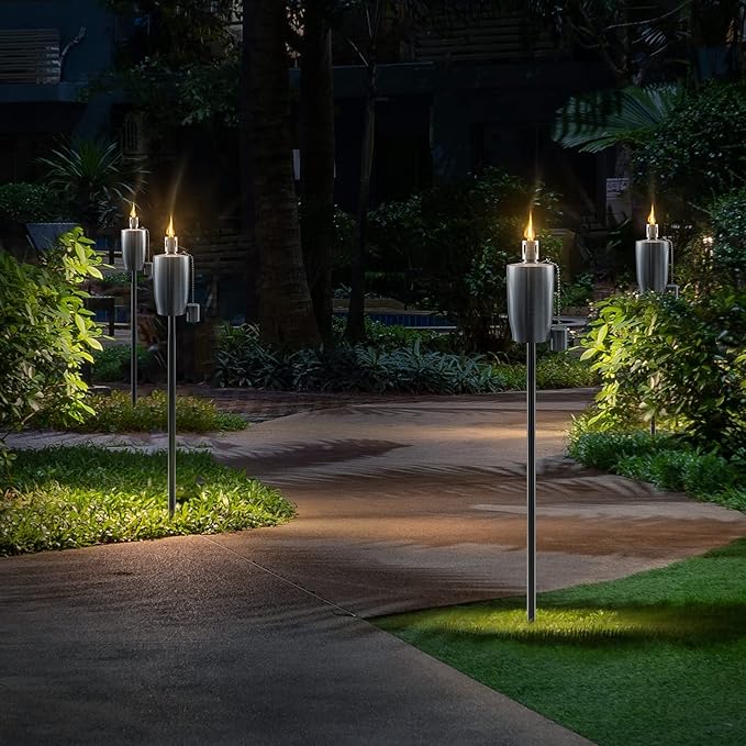Matney Stainless Steel Outdoor Torches - Decorative Garden & Yard Lights - 5 ft Oil Lamp for Citronella - Fiberglass Wick & Snuffer Cap - Set of 2 (Cylinder)