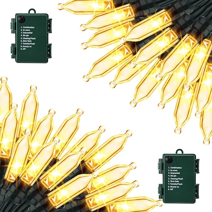 Lomotech Battery Operated Christmas Lights - 2 Pack Total 33ft 100LEDs Mini String Lights 8 Modes Waterproof with Timer for Home, Garden, Party, Holiday, Tree Decoration (Green Wire, Warm White)