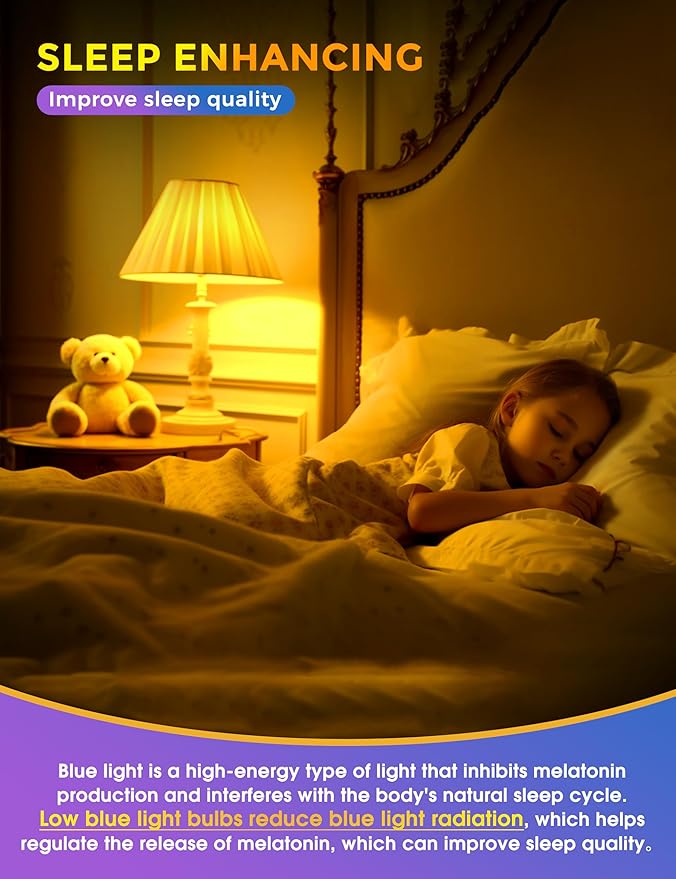 JandCase Sleep Light Bulb, Dimmable Amber Light Bulbs for Sleep, Blue Light Blocking, 1900K Dim Light Bulbs 60W Equivalent, Adjustable Brightness, E26 A19 Warm Bulb for Bedroom Nursery, 2 Pack