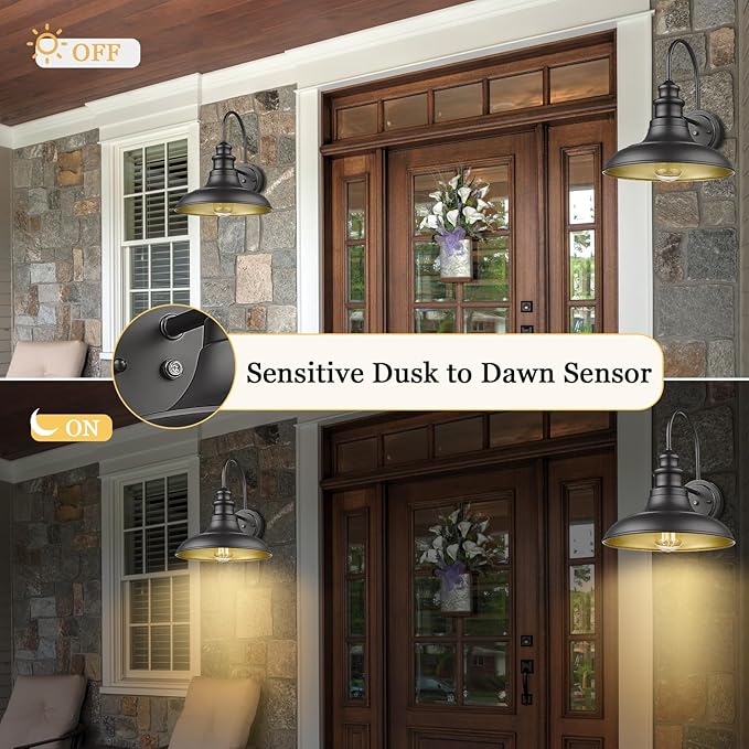 Dusk to Dawn Sensor Outdoor Barn Light Fixture, 12.3 Inch Dome Outdoor Wall Sconce Farmhouse Wall Mount Lights Exterior Gooseneck Light Fixture Black Finish Industrial Wall Lantern for Porch, 1Pack