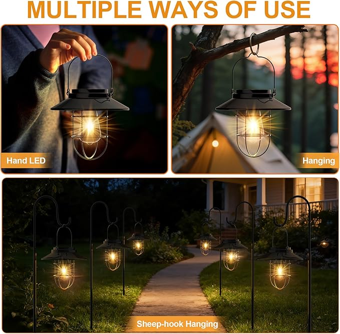 61" Solar Lights Outdoor with Plant Stands - Metal Shepherd Hook with Hanging Solar Lantern, Waterproof Solar Floor Lamp Garden Lights for Patio Deck Yard Porch Backyard & Indoor Decor
