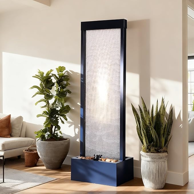 Mesh Panel Waterfall Fountain, Large Indoor Water Feature with Stones & Light, 64" Floor Standing Water Wall for Home Decor, Living Room, Patio, Outdoor Garden