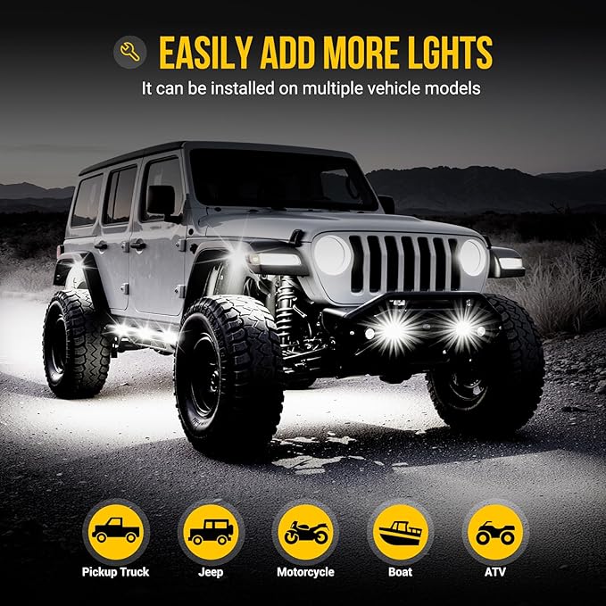 20 Pods COB White Rock Lights, 120 COB Chips 6500K Pure White Super Bright Neon Underglow, IP68 Waterproof Shockproof Off-Road Light Kit for Pickup Trucks, SUV, UTV, ATV, RZR, Cars & Boats