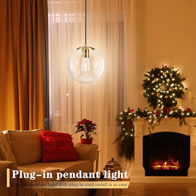 KoKo&Yukina 10" Globe Pendant Light Gold Plug in Pendant Light Adjustable Hanging Lights with Plug in Cord Brushed Gold Finished with Clear Glass Lampshade for Bedroom Kitchen Island（Bulb Included）