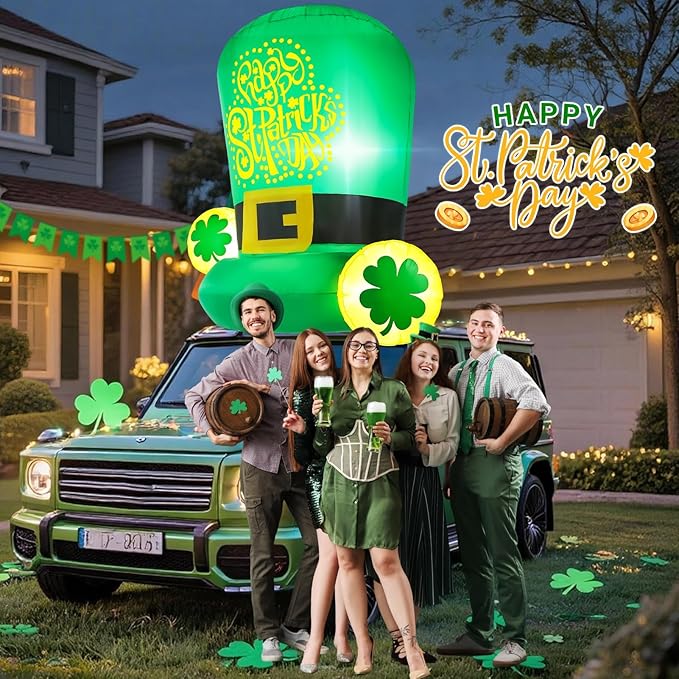 St Patricks Day Inflatables Outdoor Decorations 5FT Green Leprechaun Hat Blow Up Yard Car Roof Saint Patrick's Hats with Shamrock Party St. Pattys Inflatable Holiday Garden Patio Décor