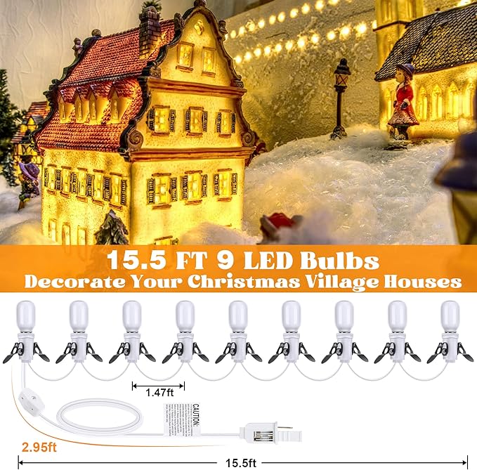 Meonum Christmas Village House Accessories Cord 9 LED Light Bulbs, Christmas Blow Mode Light Kit with Switch Compatible with Dept 56 Christmas Holiday Craft Projects Decorations Decor