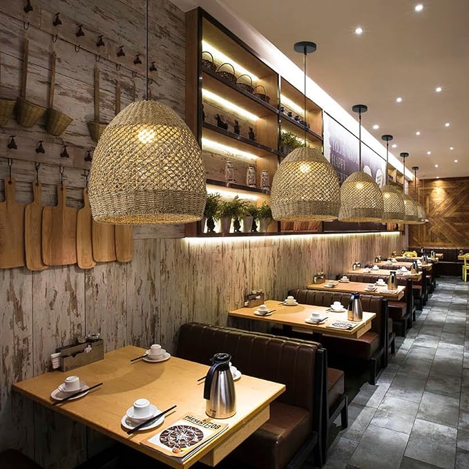 Rattan Pendant Light 13.77" Rustic Hand-Woven Wicker Hanging Light 1-Light Water Plants Rattan Chandelier for Dining Living Bedroom Kitchen Farmhouse