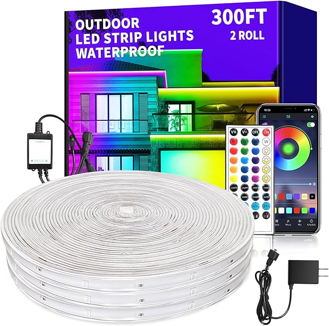 300Ft Outdoor Waterproof LED Strip Light,Music Sync RGB IP68 Led Lights with App/Remote Control,Color Changing Waterproof RGB Exterior Rope Self Adhesive Back,Balcony,Garden（2 rolls of 150ft）