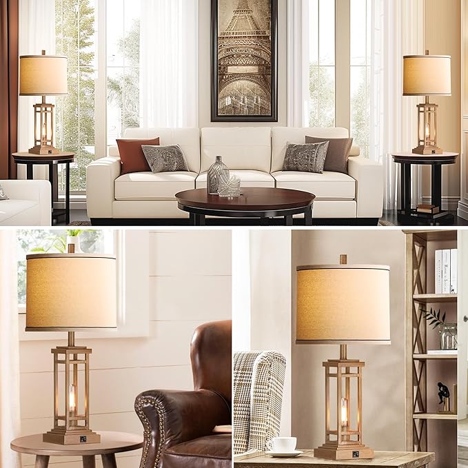 ROTTOGOON 27.5 Tall Farmhouse Table Lamps with USB C + USB A Charge Ports, Rustic Living Room Lamps Set of 2, Black Industrial End Table Lamp for Bedroom Living Room Nightstand (Wood)