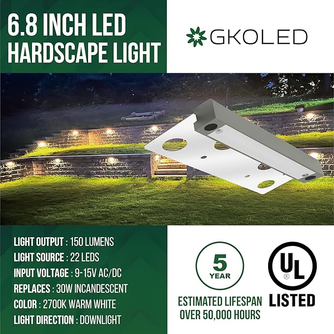 GKOLED 20-Pack 6.8 Inches Low Voltage Hardscape Light with Frosted Lens, 12V AC/DC Retaining Wall Lighting, 4W 2700K Paver Wall Lights, Outdoor Step Lights, Die-cast Aluminum Housing, Gray, UL Listed