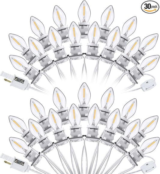 Meonum 2 Pack Accessory Cord with 30 LED Light Bulb C7 Cord Clip Christmas Village Lights with Double Spare Fuse Blow Mold String Lights Decoration for Xmas Village House Pumpkin Crafts