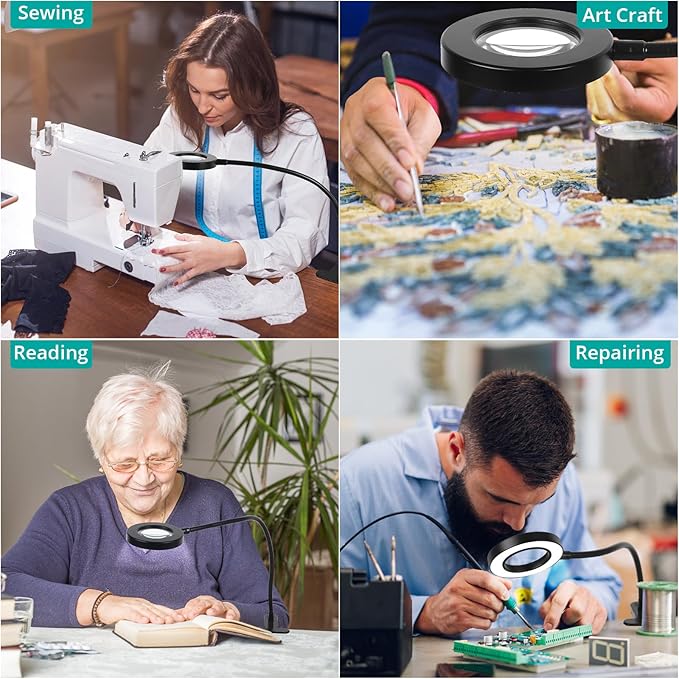 5X Magnifying Glass Desk Clip Light, 10 Brightness, 3 Color Modes, 5V/2A Adapter Included Clamp Light for Reading, Crafting, Close Work (Black)