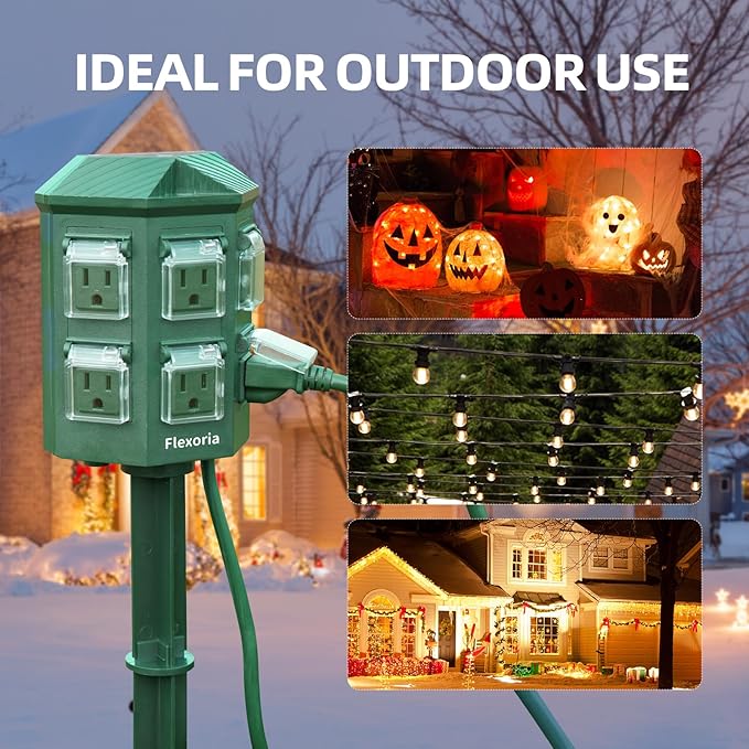 Outdoor Power Strip Waterproof, 60 FT Extension Cord, 6 Grounded Outlets for Christmas Decorations and Inflatables, 15A/1875W, ETL Listed