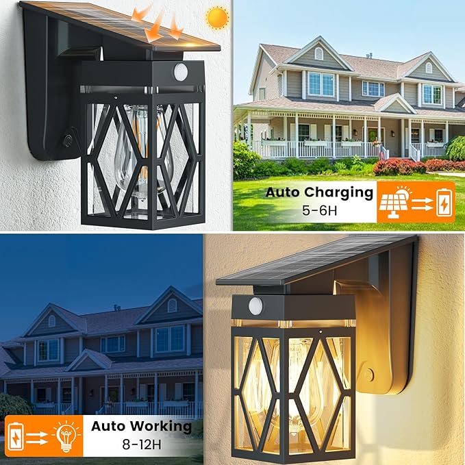 Solar Porch Lights Outdoor, Dusk to Dawn & Motion Sensor Solar Wall Light with Lantern Shape, 3 Modes IP65 Waterproof, E26 Bulb Exterior Sconce for Front Porch, Garage, Patio Security