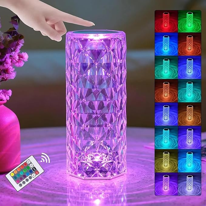 Can Switch 16 Colors Artificial Crystal Table Lamp, RGB Color Changing Rose Diamond Design with Remote Control USB Charg Touch Sensor Ambient Lighting, Artificial Crystal Table Lamp (16 Colors-Large)