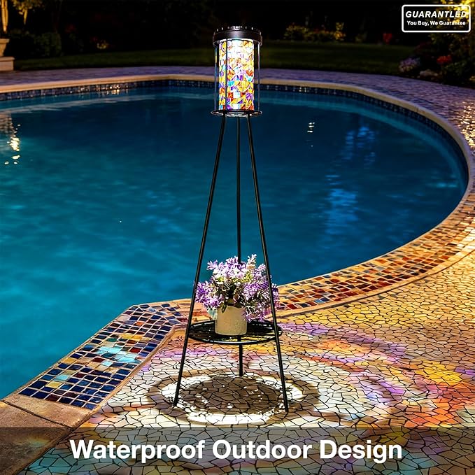 Outdoor Lamps for Patio, Outdoor Floor Lamp with Plant Stand, Solar Powered RGB Lights, Waterproof Standing Lamp for Garden Yard Décor, Stained Glass Decorative Floor Lamp, Gift for Women Mom