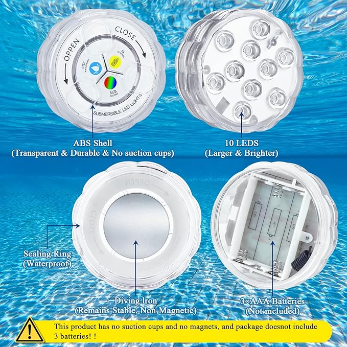 Creatrek Pool Lights with Remote, 10 Color Changing Pool Lights for Above Ground Pools, Battery Operated Submersible LED Lights for Pond, Bathtub, Hot Tub, Party, 4 Pack