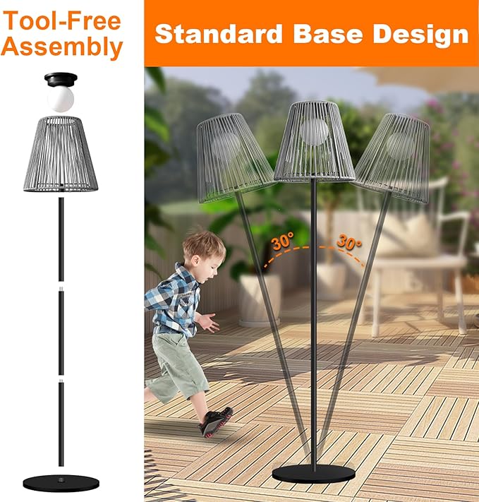 Outdoor Solar Floor Lamp, Garden Rattan Wicker Light, Metal Pole and Base, Waterproof Yard Garden Wedding Home Decor Light -Grey