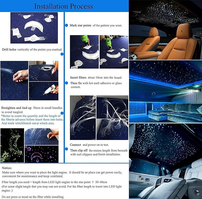 AZIMOM 6W Bluetooth Music Control RGB LED Fiber Optic Lights Star Ceiling Light Kit RF 28 Key Remote APP Sensor Light Source 550pcs 0.75mm 13.1ft Fiber Strands for Indoor Car Home Interior Decoration