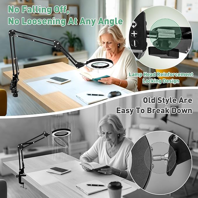 12X & 30X Magnifying Glass with Light, Ultra Long 3 Section Swing Arm LED Desk Lamp with Large Clamp, 5 Color and Brightness Hands Free Magnifier Light and Stand for Workbench Crafts Soldering