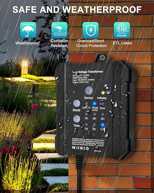 SMY Lighting 65W Outdoor Low Voltage Transformer with Timer and Photocell Sensor,120V AC to 12V DC Weatherproof for LED Landscape Lighting,Deck Lights,Spotlight, Pathway Light,ETL Listed