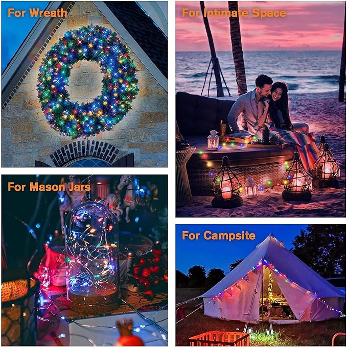 QITONG 4 Pack Multicolor Solar Christmas Lights Outdoor Waterproof, Each 33ft 100 LED Fairy Lights, 8 Modes Silver Wire Mini Twinkle Lights