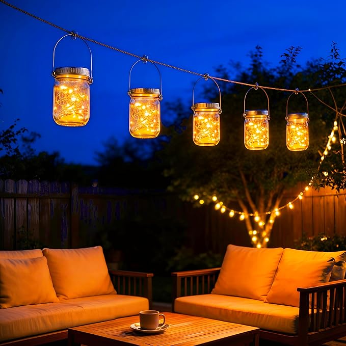 Cooo Gift for her him 6 Pack Solar Lanterns Outdoor Waterproof Upgraded Crystal Glass Solar Mason Jar Lights 30 LED 215% Larger SolarPanel, Anti-Rust Lid Hanging Outdoor Lanterns for Garden Porch