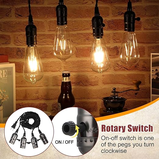 2 Pcs Vintage Pendant Light Sockets Light Cord Kit with Switches DIY Bulb Socket with Cord for E26 E27 Lamp Socket Lantern Bedroom Living Room Decor (1 Plug with 4 Sockets,Black)