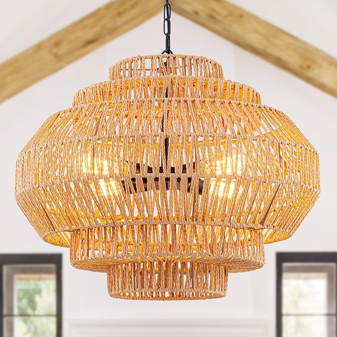 23.6‘’ Rattan Chandelier Dinning Room Pendant Light Fixture Boho Chandelier Boho Hanging Light Large Basket Light Woven Rattan Pendant Light for Kitchen Island Bedroom Farmhouse Living Room