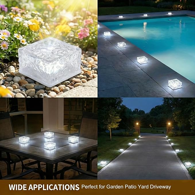 Solar Brick Lights Outdoor Waterproof - Recessed Solar Paver Lights, Ice Brick Design, No Wiring Needed,Landscape Lighting for Pathway,Garden, Patio, Yard, Driveway Decor (8, White, Square)