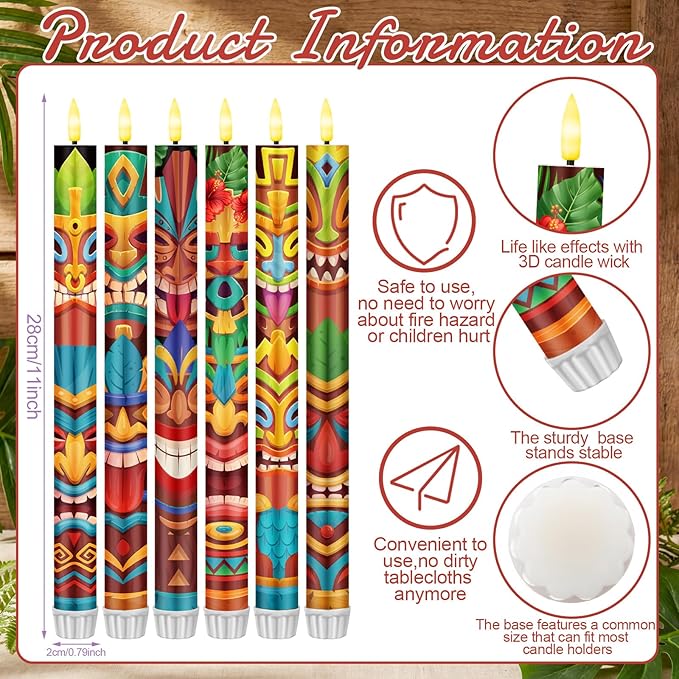 6 Pcs Tribal Tiki Flameless Candles Hawaiian LED Flameless Candle Set Battery Operated Taper Flickering Candles Luau Celebration with Remote for Summer Holiday Tiki Bar Party Table Decor Gift