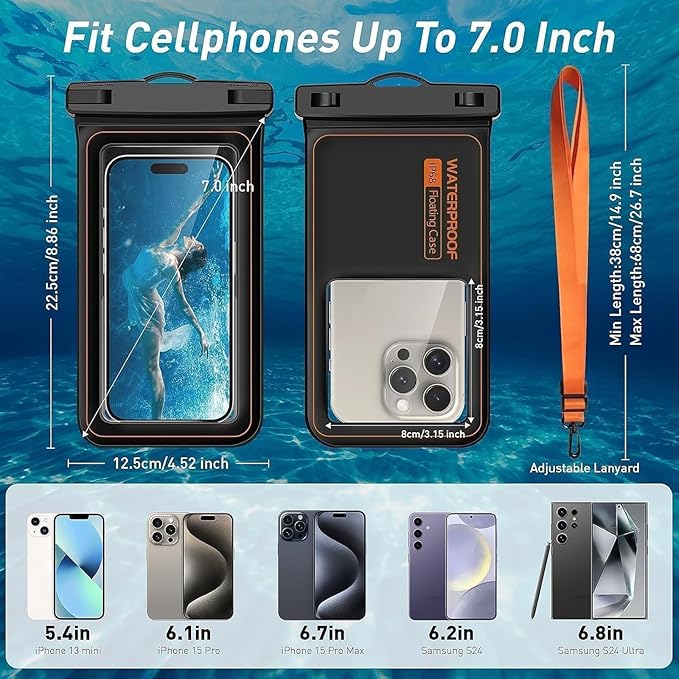 Marine IP68 Universal Waterproof Phone Pouch, Floating Waterproof Phone Case for Cellphone Up to 7", Beach Accessories for Vacation Must Haves, 2 Pack-Black/Hi-Vis Orange