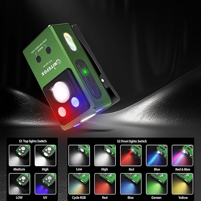 Clip-on Light EDC Flashlight Multi-purpose Clip light, 5 Light Sources White Red Blue RGB UV Lights All In One, Strong Clip Magnetic Sensor Hands Free for Outdoor Indoor Portable Lighting